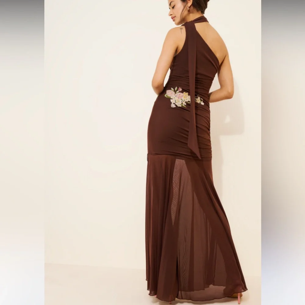 Anthropologie SAEMDI chocolate brown embroidered floral w neck scarf maxi large - Picture 11 of 16